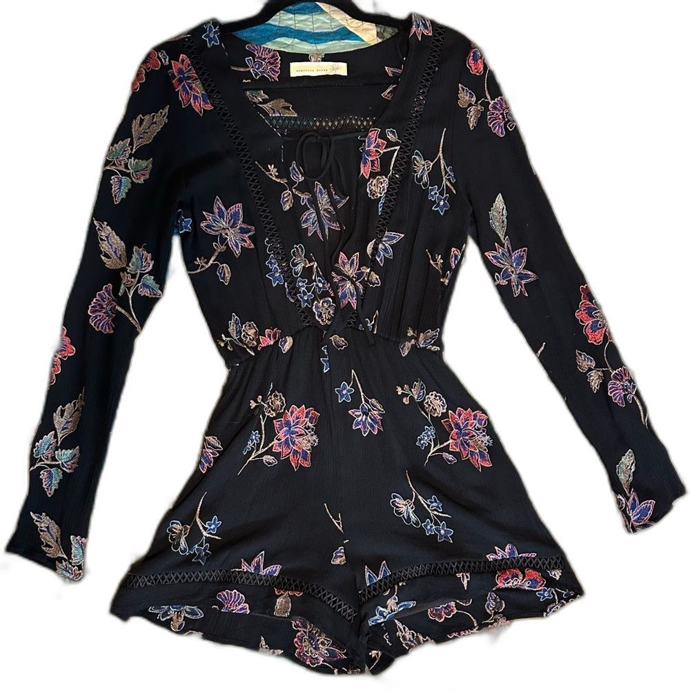 Magnolia South Boutique Embroidered Black Floral Long Sleeve Boho Romper